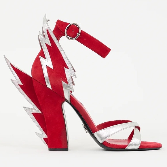Shoes - Prada Thunderbolt Red Silver Suede Leather Lightning Bolt Stiletto Heel Pumps
